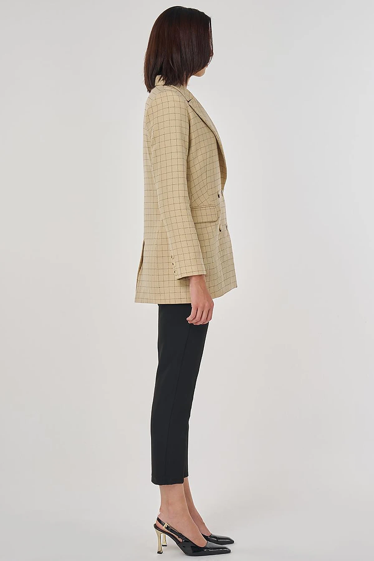 Ekose Desen Blazer Ceket Bej