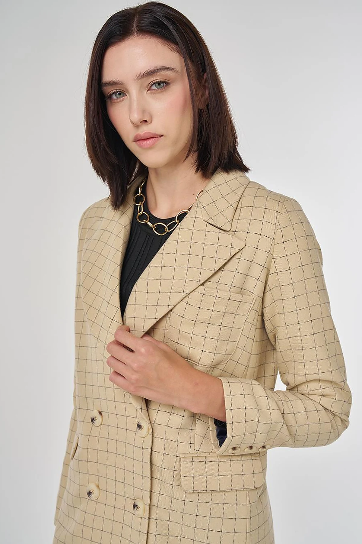 Ekose Desen Blazer Ceket Bej
