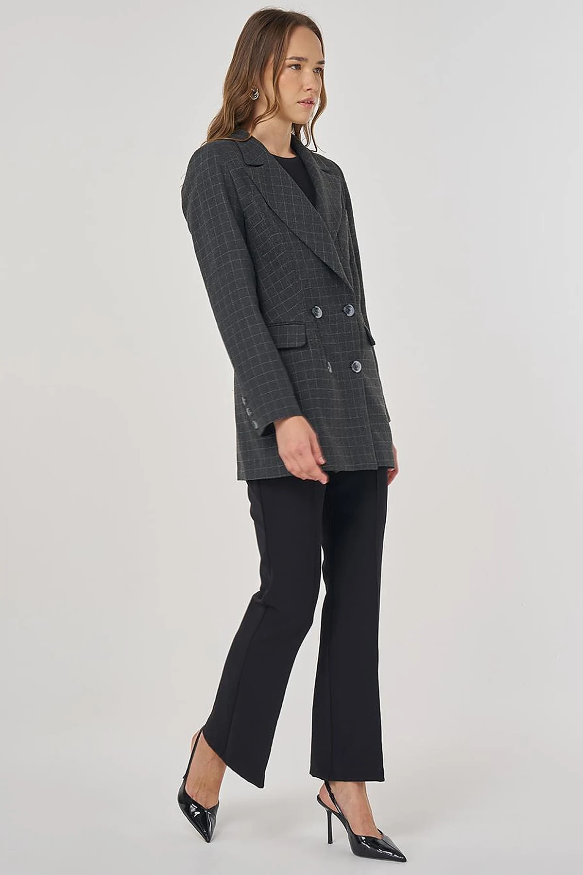 Ekose Desen Blazer Ceket Füme 