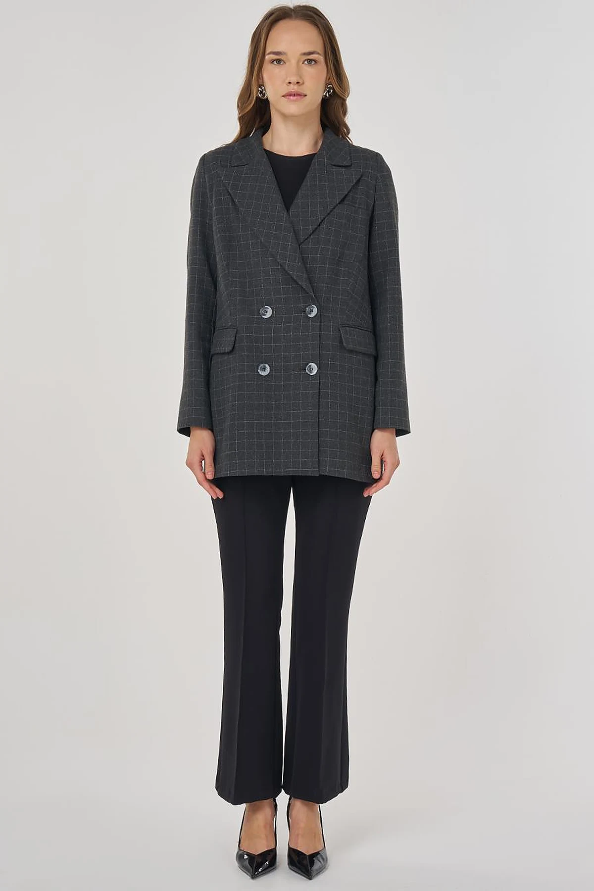 Ekose Desen Blazer Ceket Füme 
