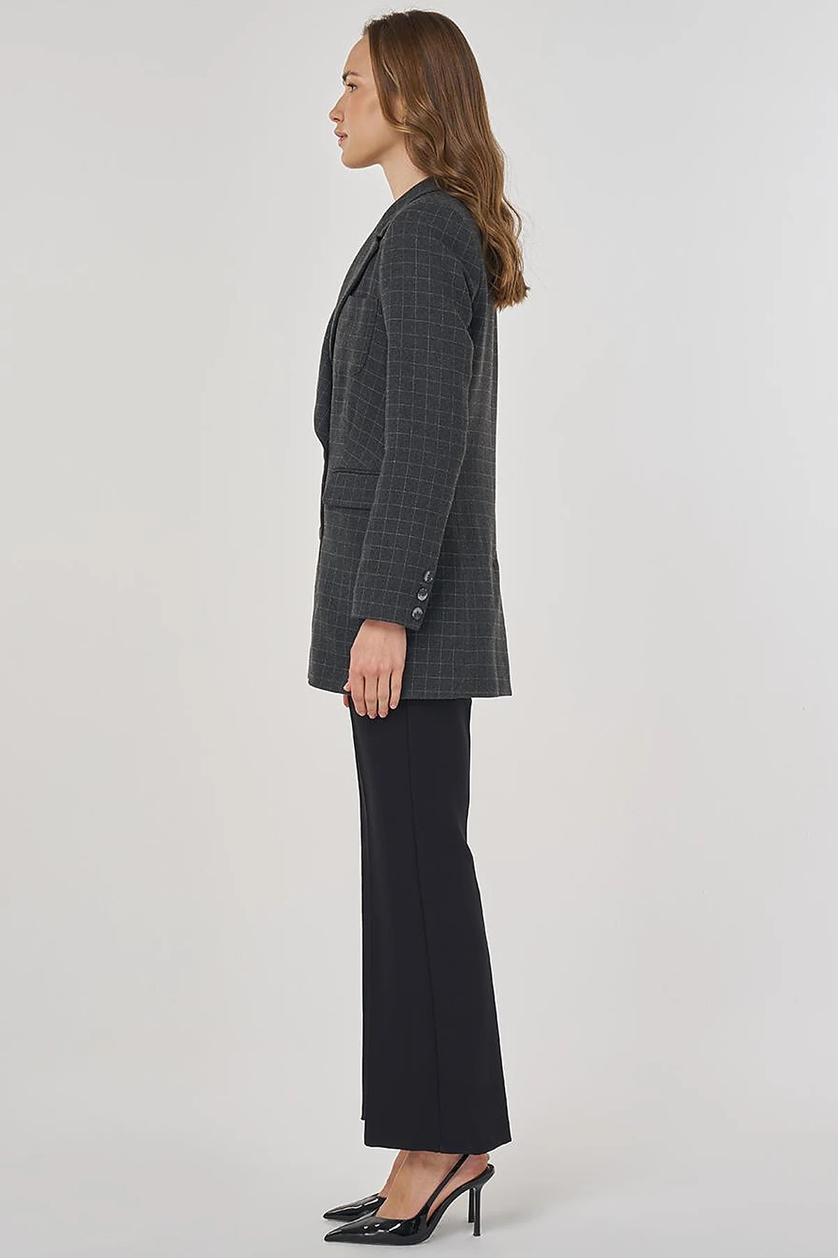 Ekose Desen Blazer Ceket Füme 