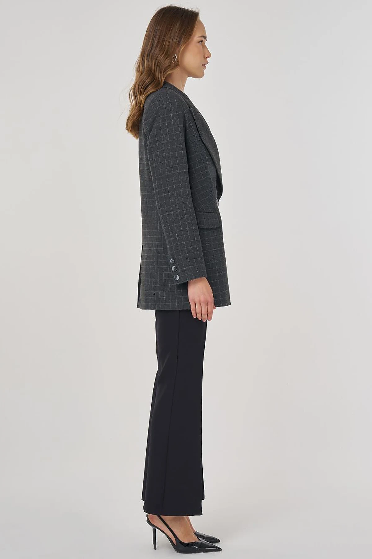 Ekose Desen Blazer Ceket Füme 