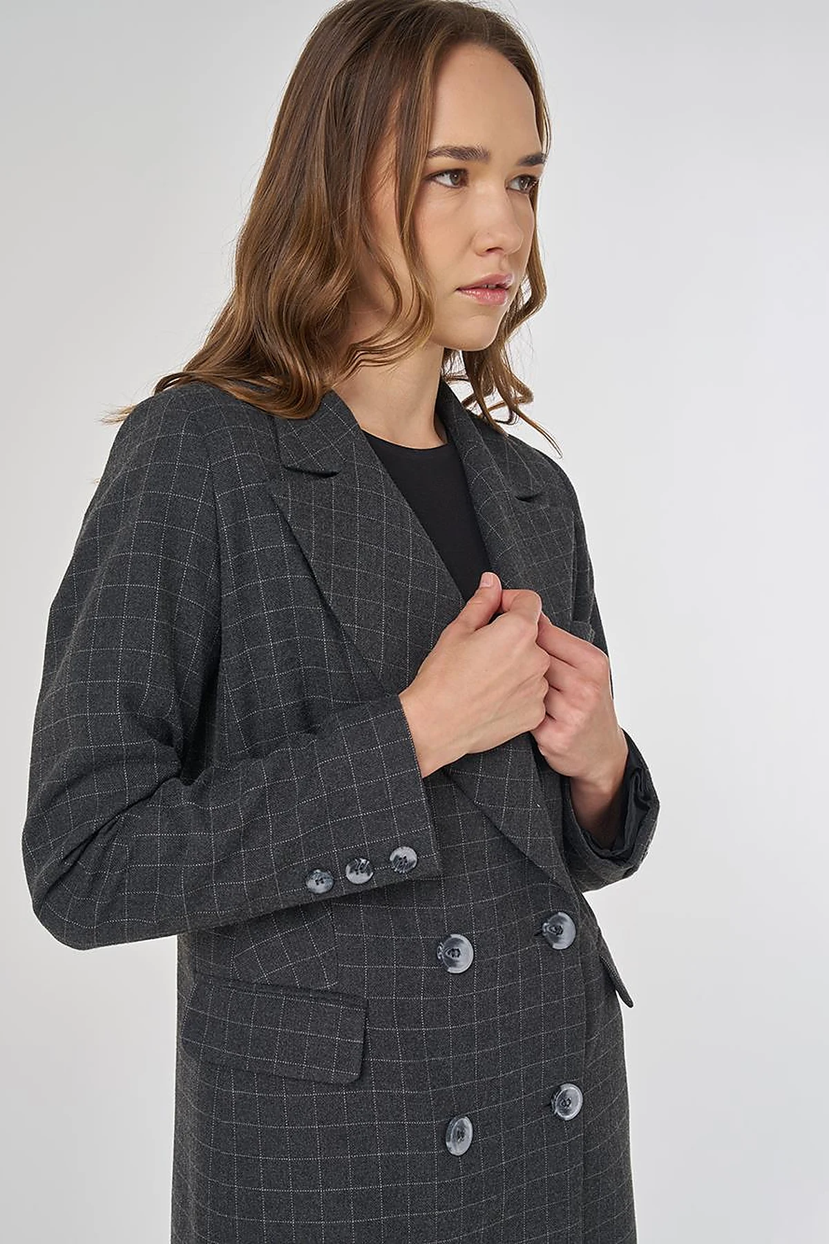 Ekose Desen Blazer Ceket Füme 