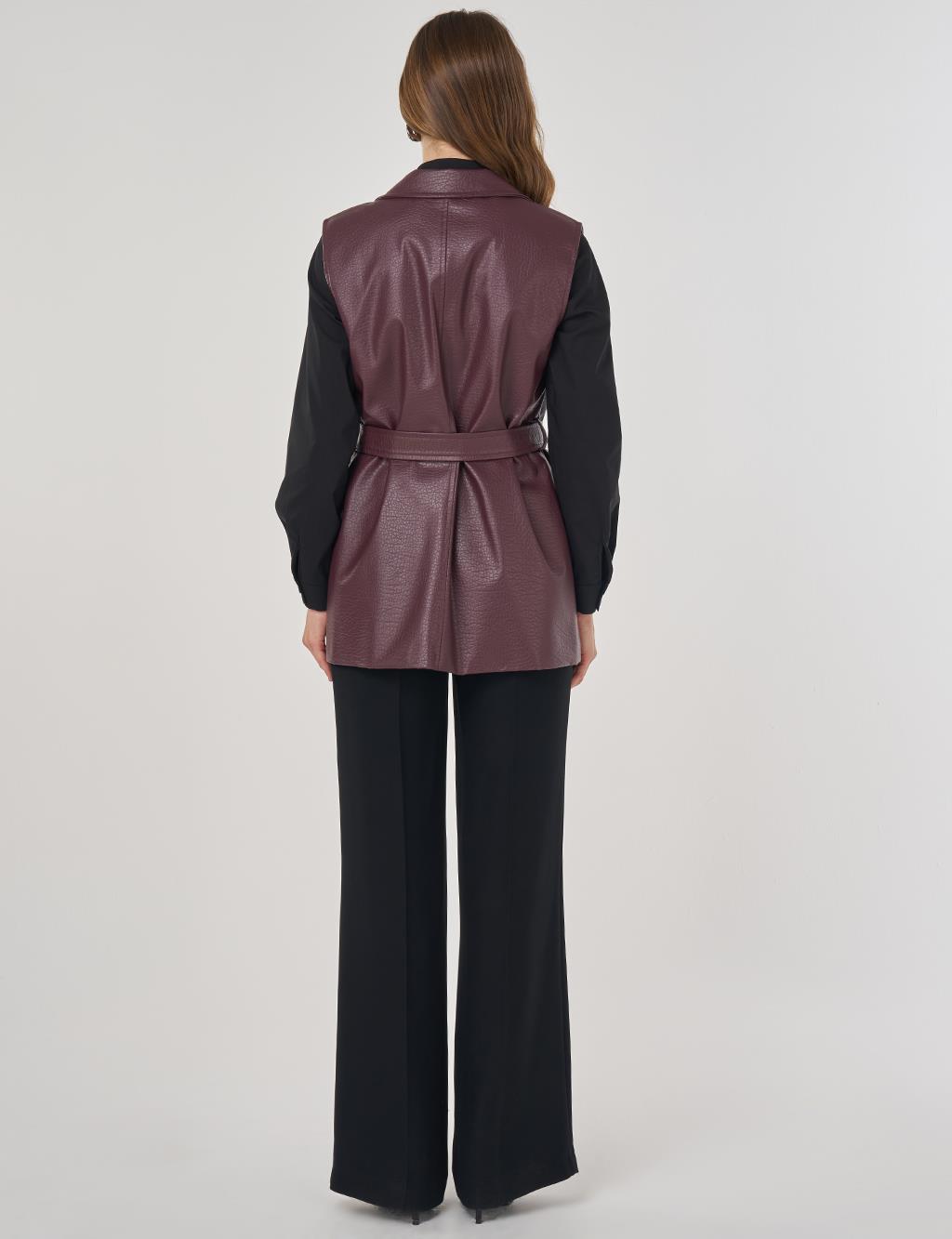 Kapak Cepli Suni Deri Yelek Koyu Bordo 