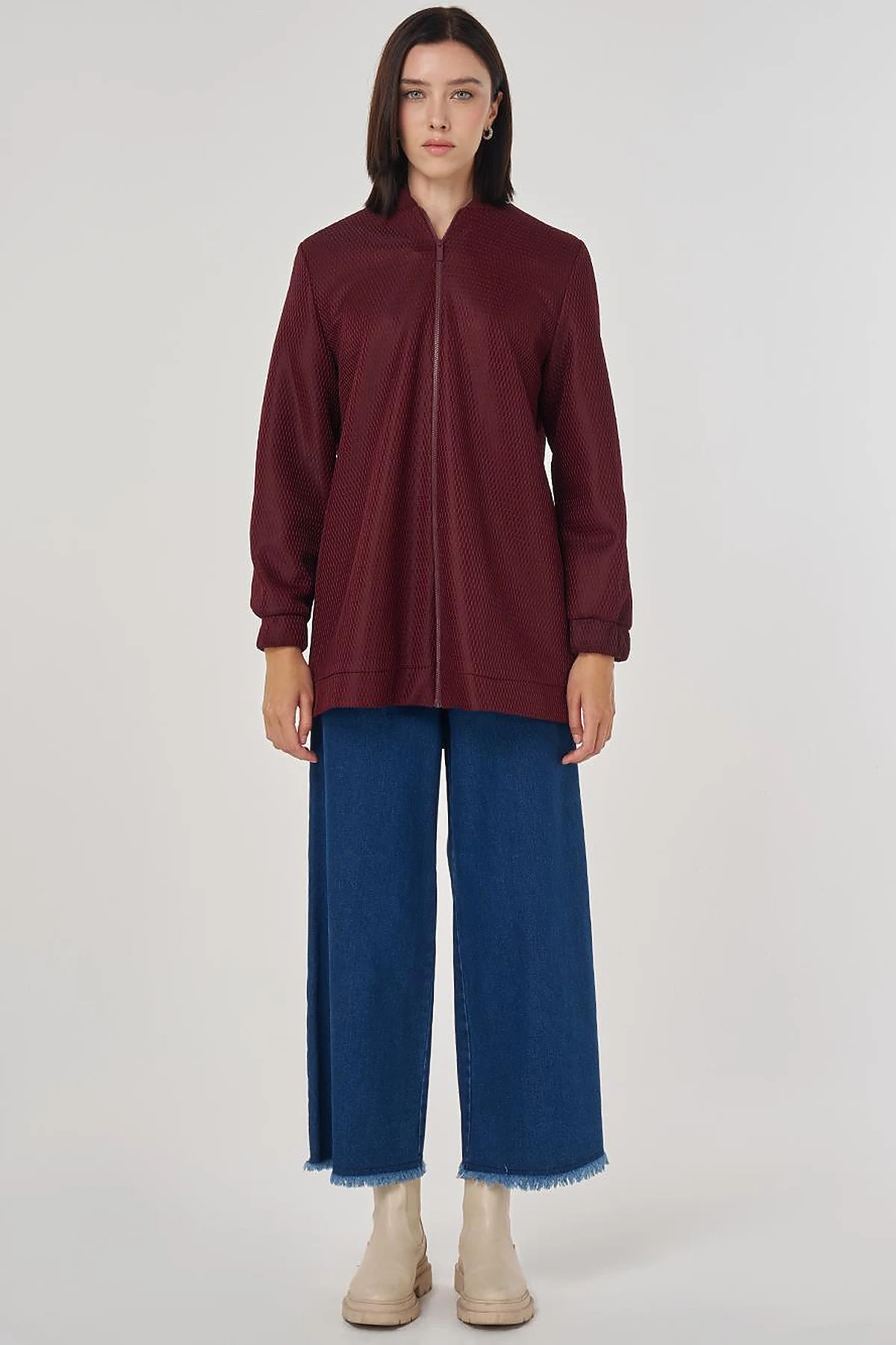 Mesh Layered Bomber Jacket Burgundy