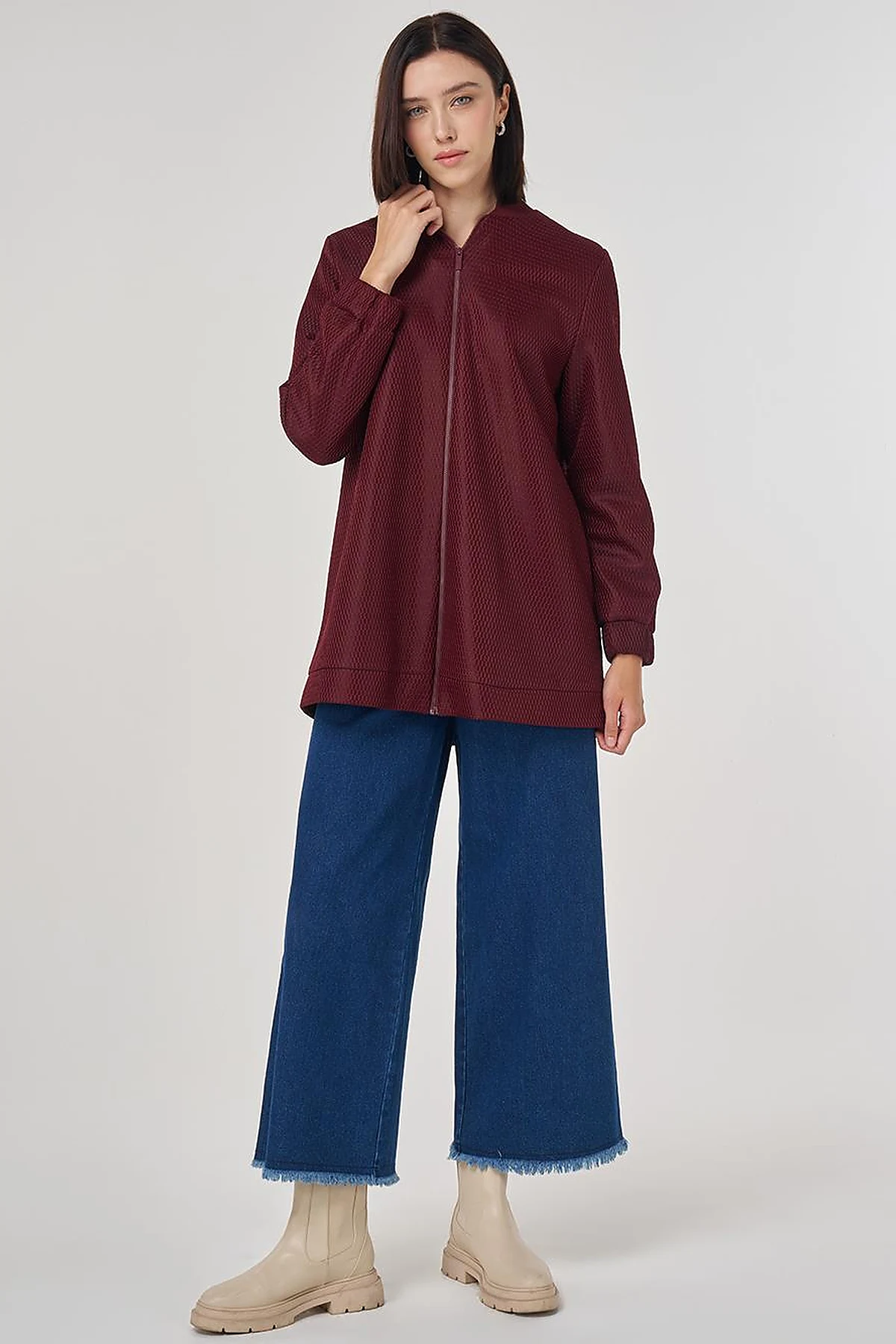 Mesh Layered Bomber Jacket Burgundy