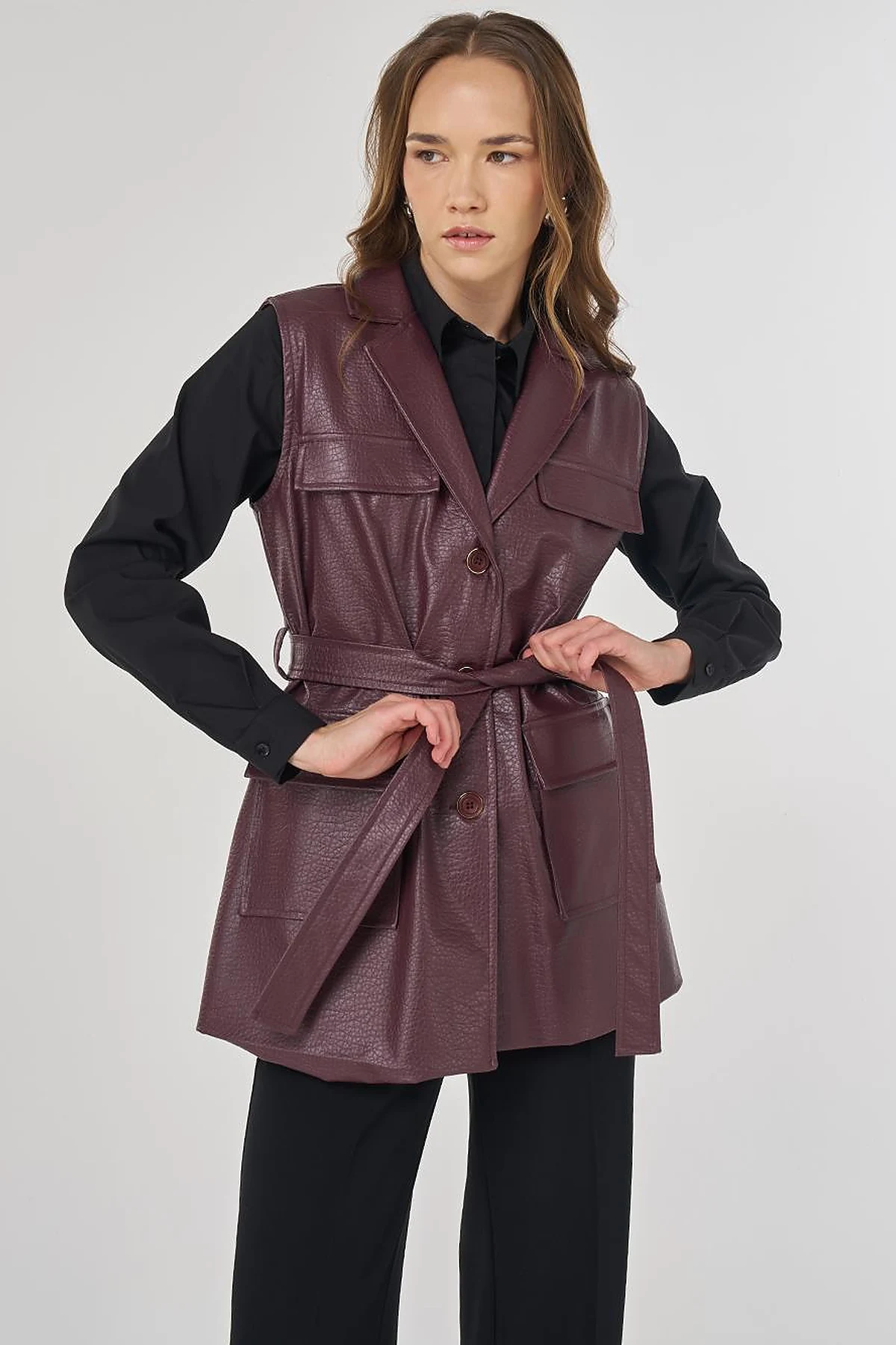 Flap Pocket Faux Leather Vest Dark Burgundy