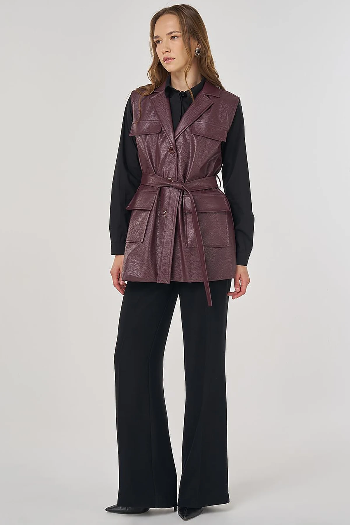 Flap Pocket Faux Leather Vest Dark Burgundy