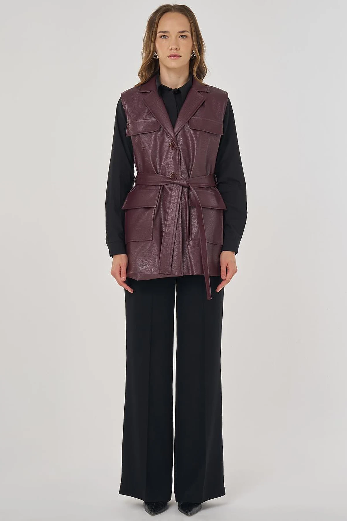 Flap Pocket Faux Leather Vest Dark Burgundy