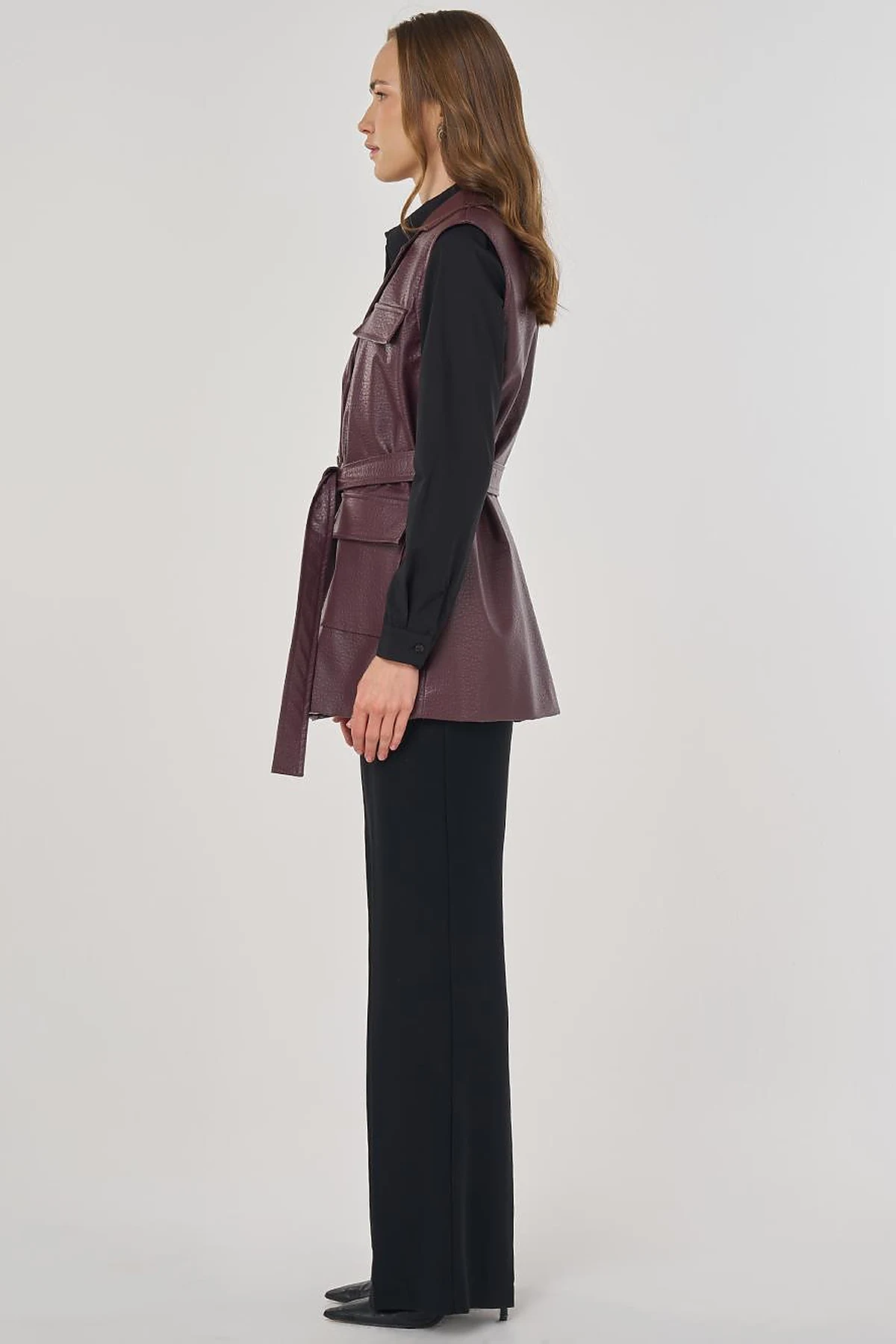 Flap Pocket Faux Leather Vest Dark Burgundy
