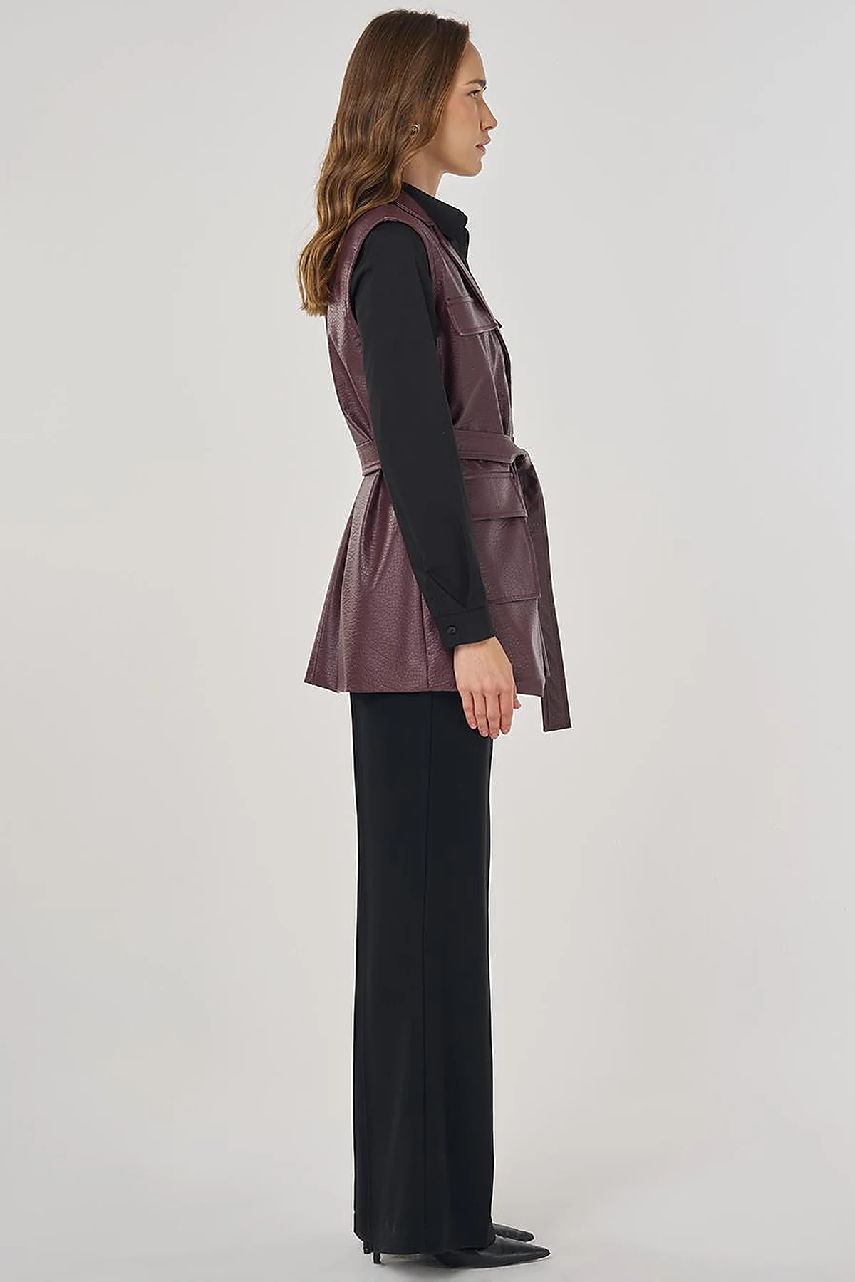Flap Pocket Faux Leather Vest Dark Burgundy