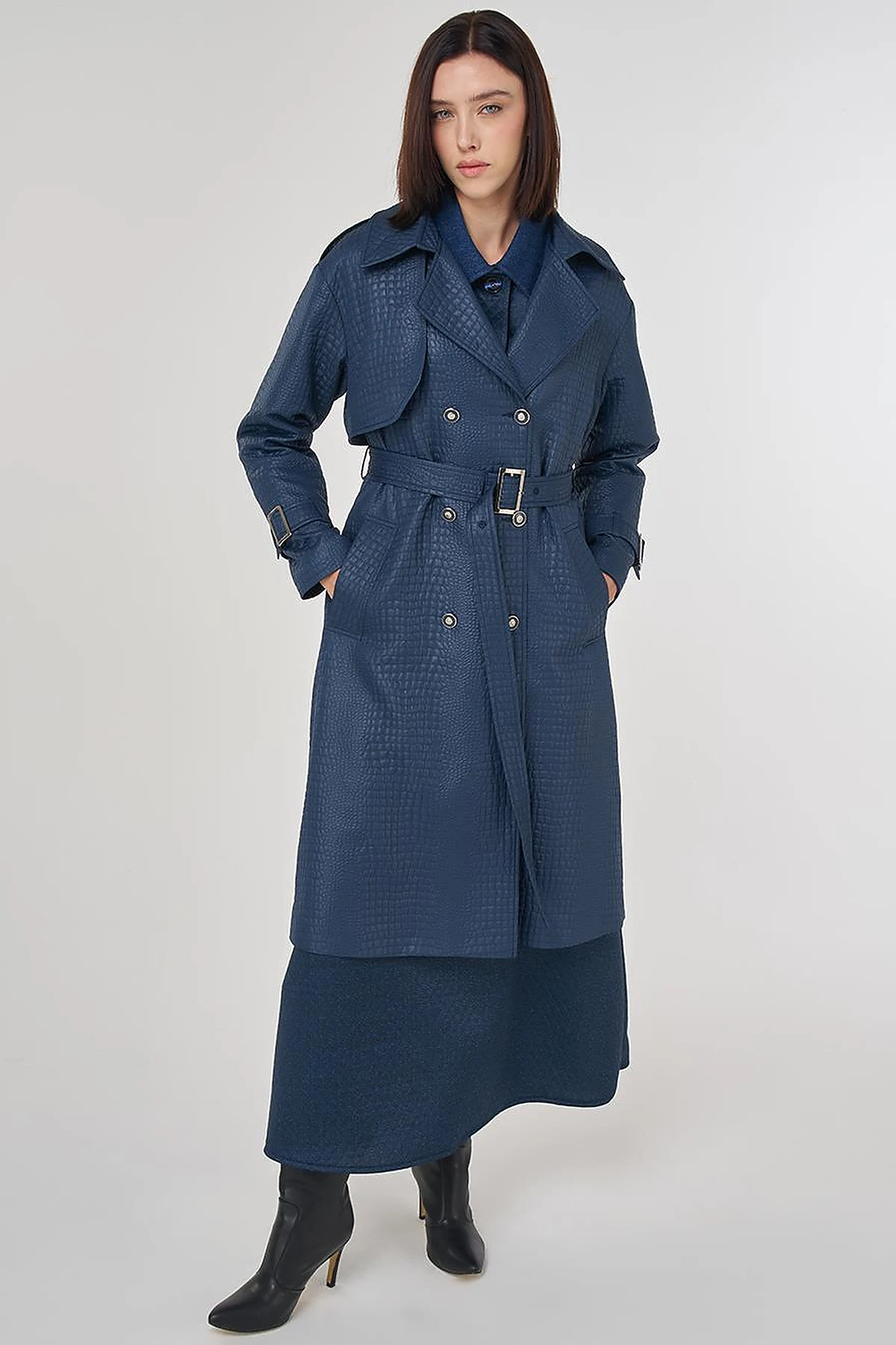 Buckle Detailed Embossed Trench Coat Navy