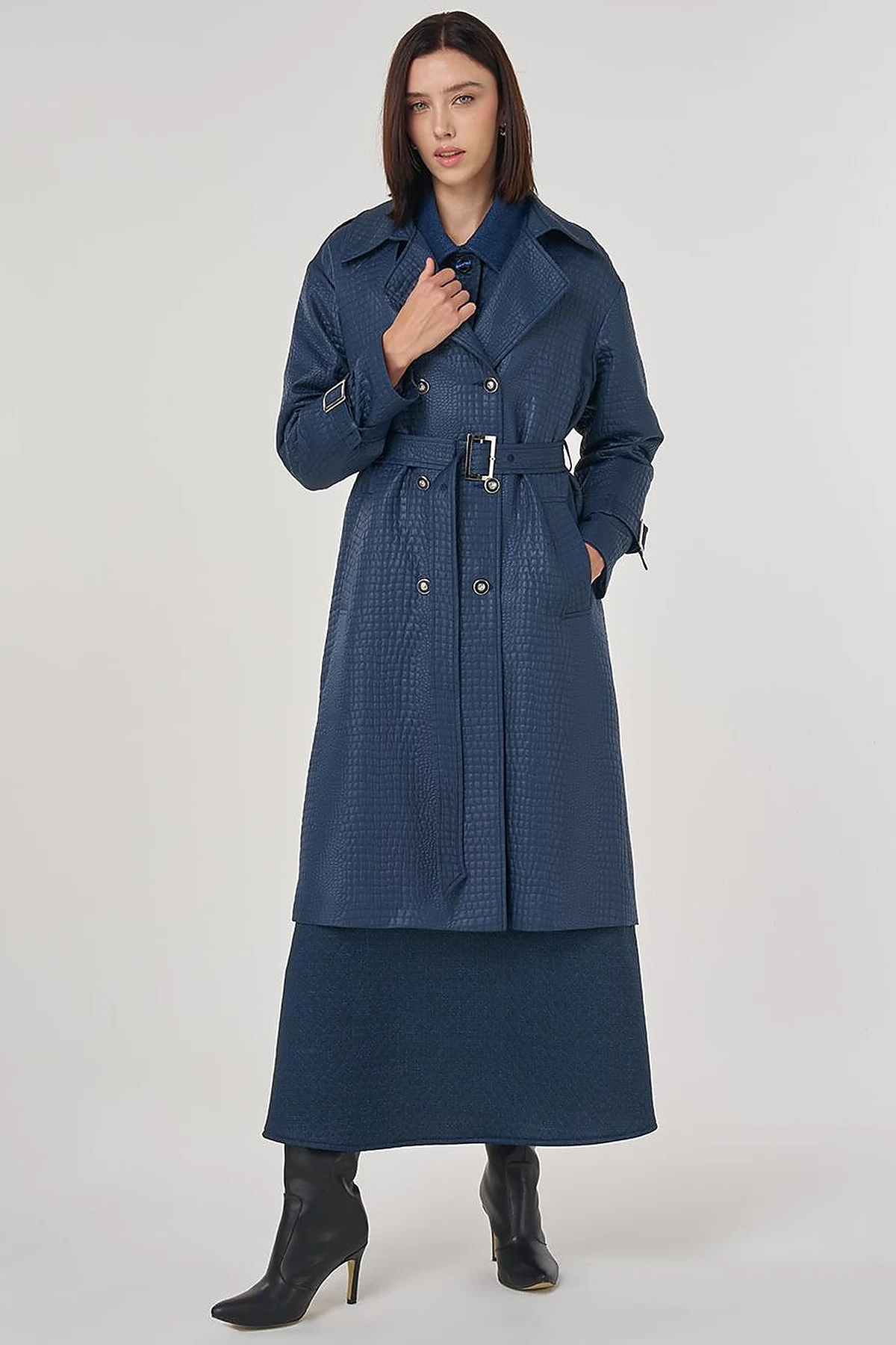 Buckle Detailed Embossed Trench Coat Navy