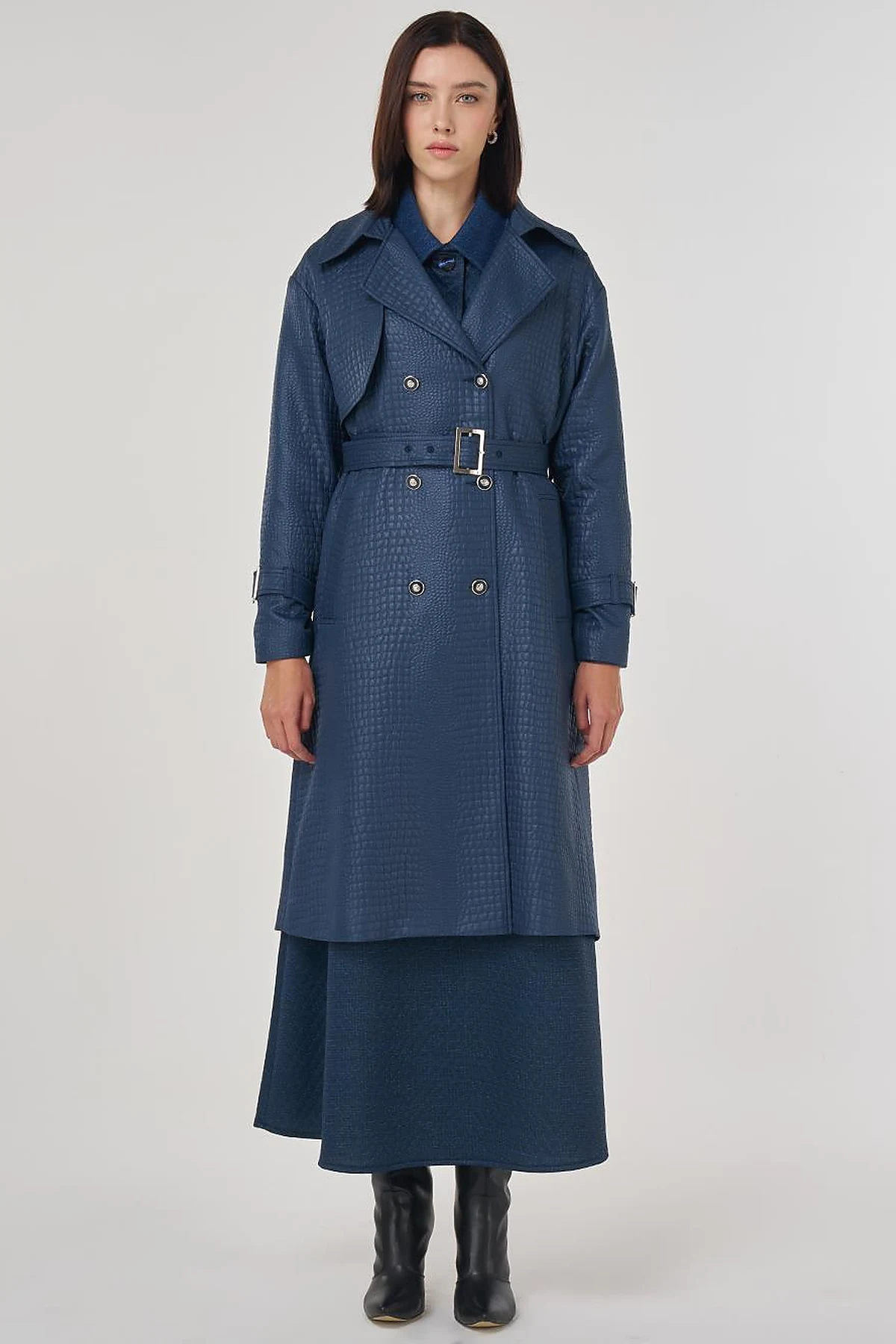 Buckle Detailed Embossed Trench Coat Navy