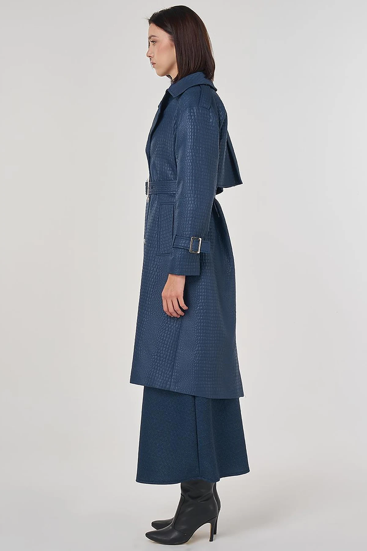 Buckle Detailed Embossed Trench Coat Navy