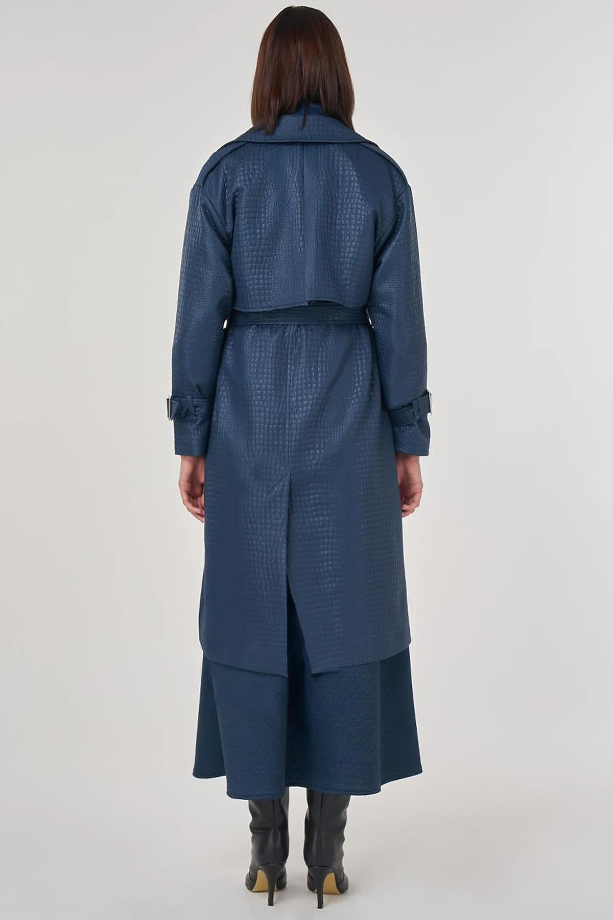 Buckle Detailed Embossed Trench Coat Navy