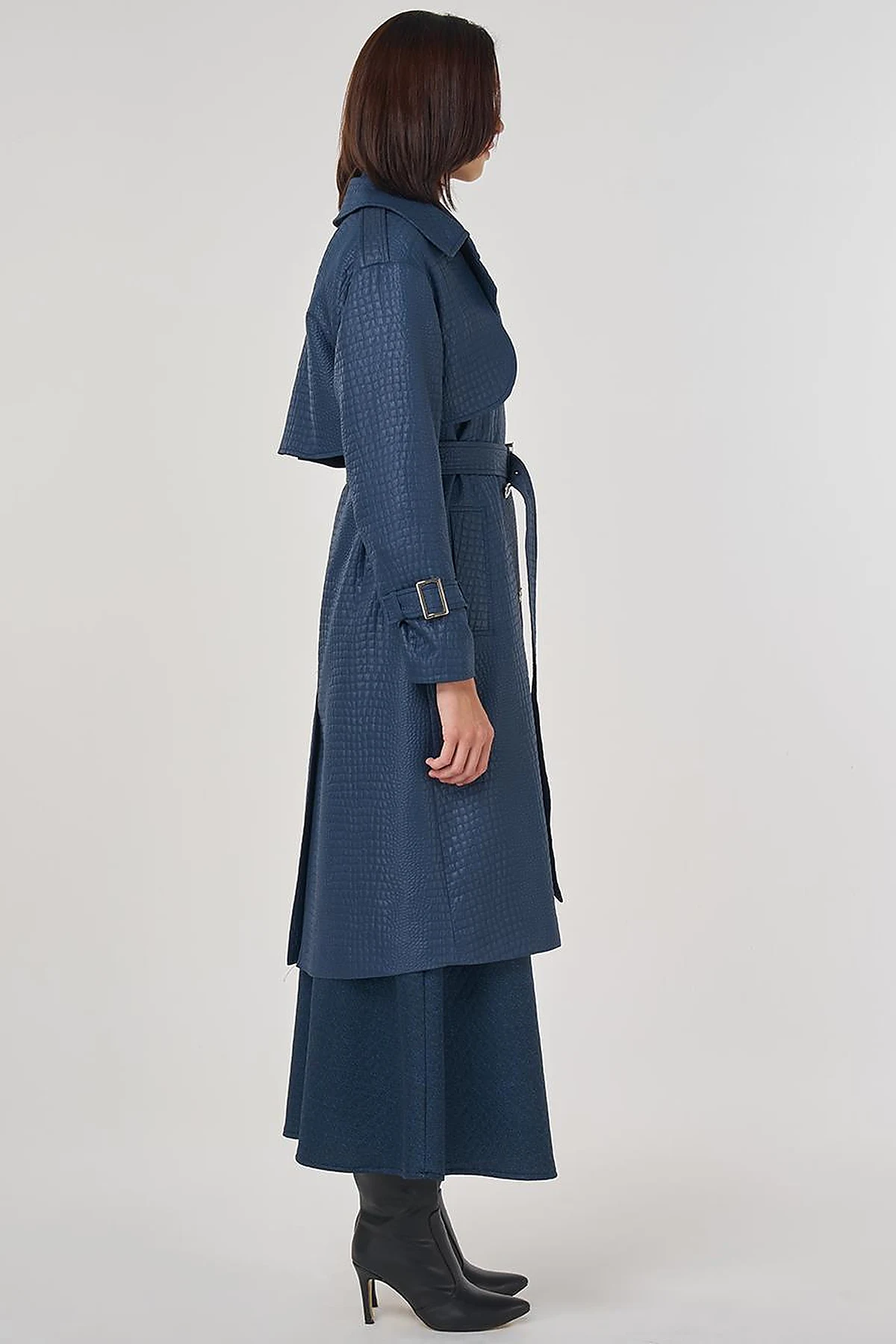 Buckle Detailed Embossed Trench Coat Navy