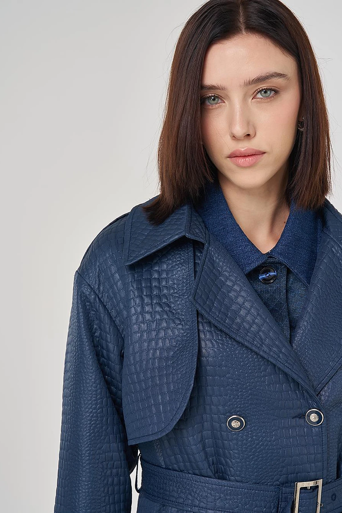 Buckle Detailed Embossed Trench Coat Navy