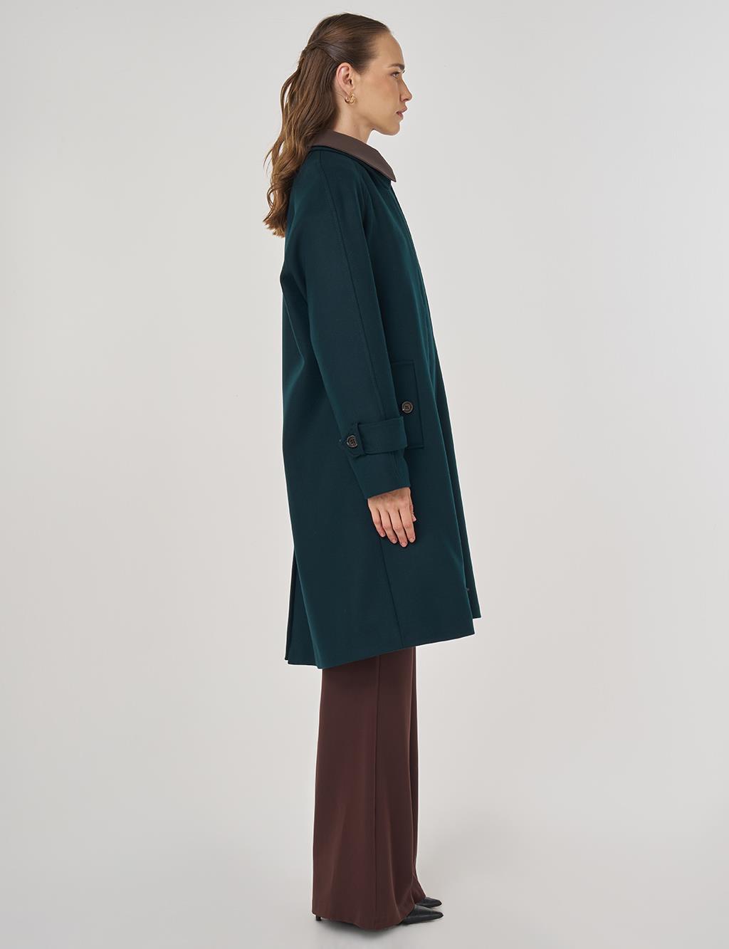 Leather Collared Wool Blend Coat Dark Green