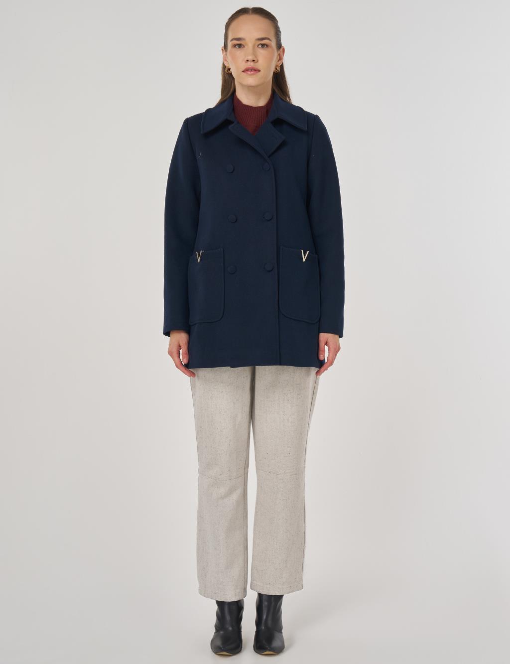 Metal Accessory Wool Blend Jacket Dark Navy