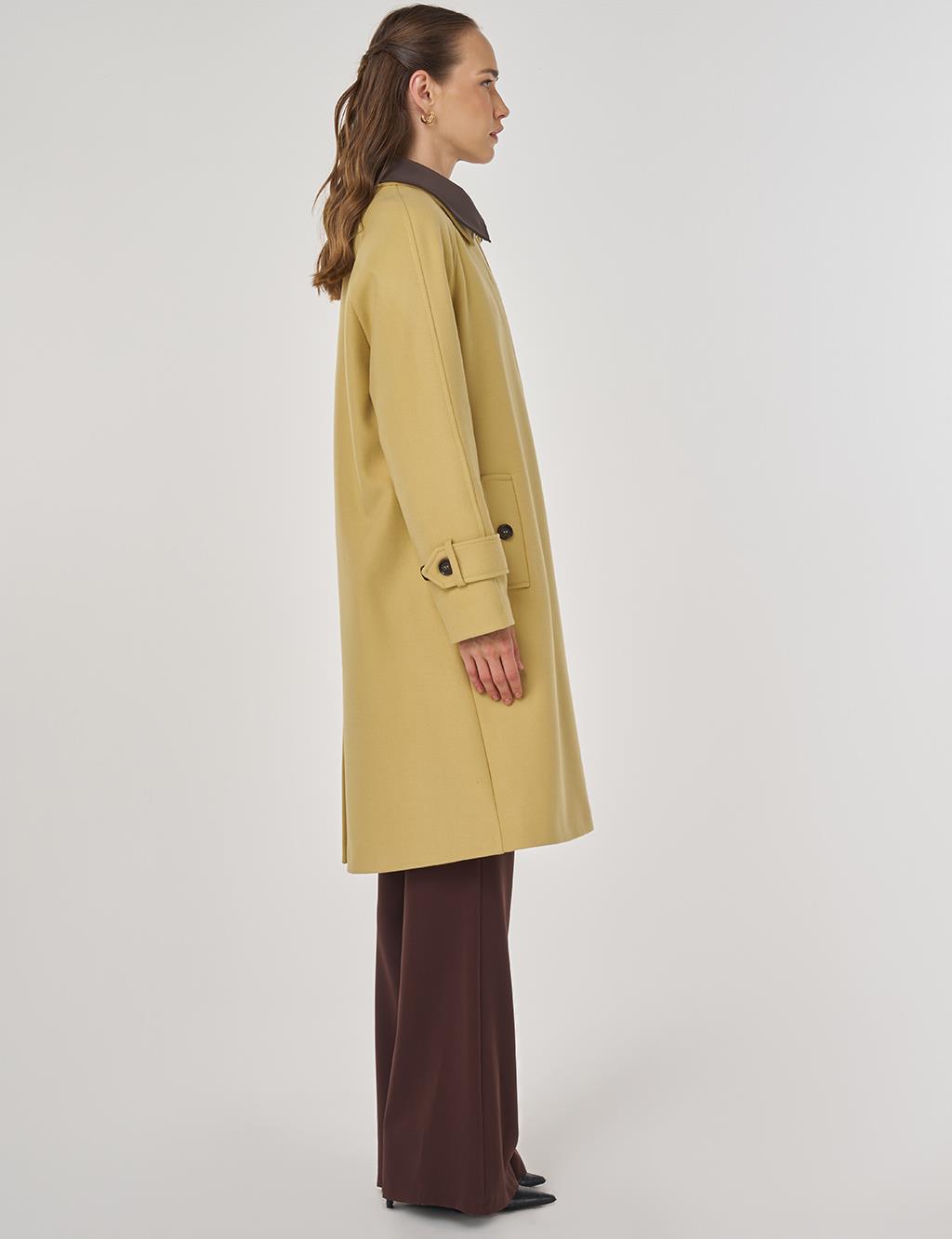 Deri Yakalı Kaşe Kaban Sarı 