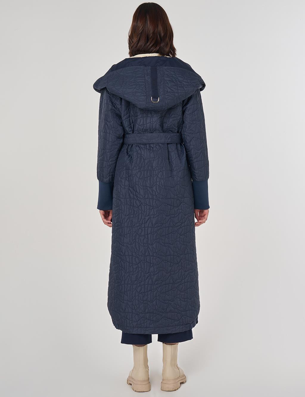 Embossed Pattern Hooded Throw-On Dark Navy