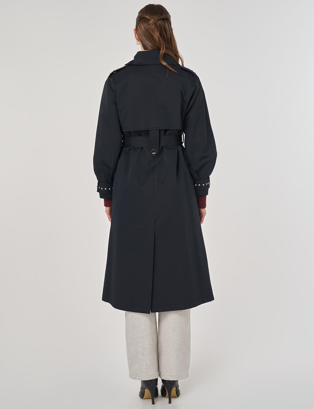 Trok Baskılı Trençkot Siyah