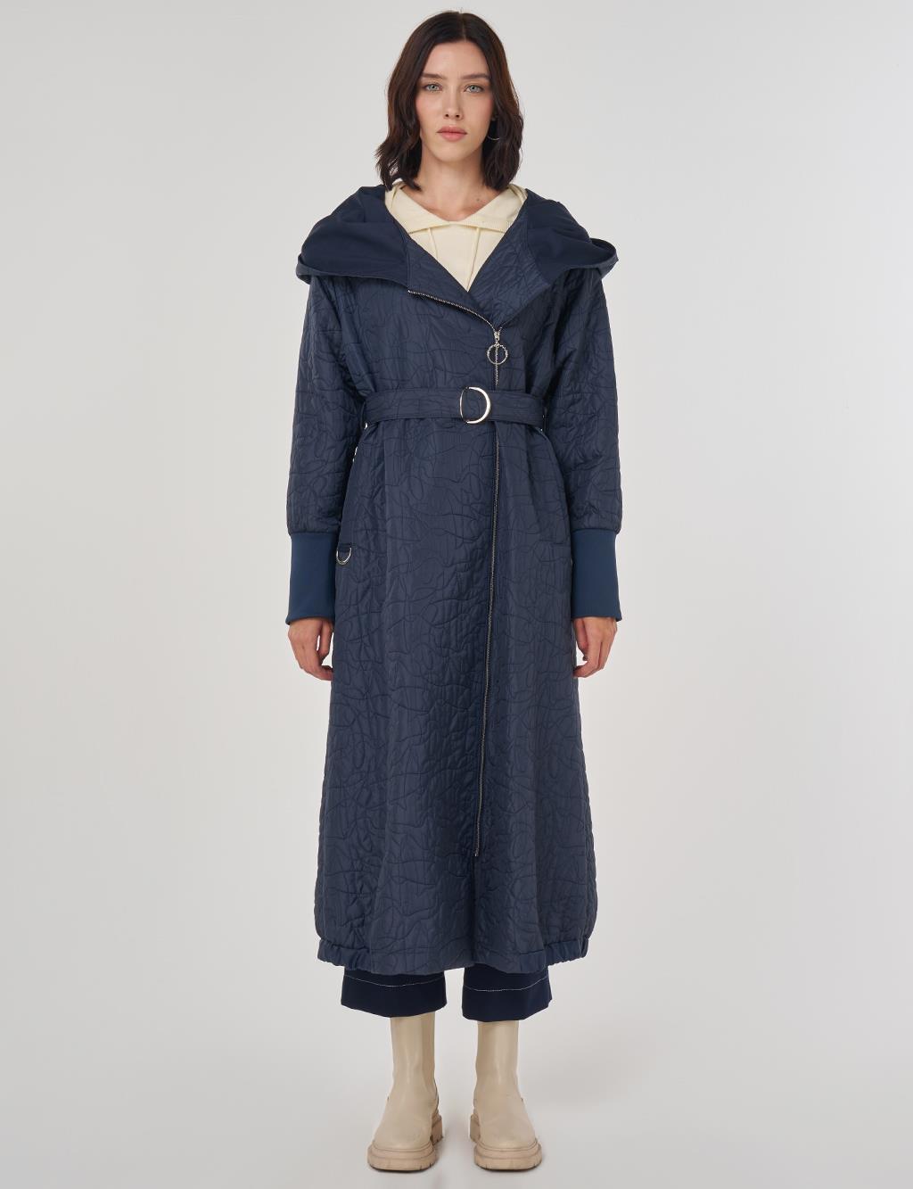 Embossed Pattern Hooded Throw-On Dark Navy
