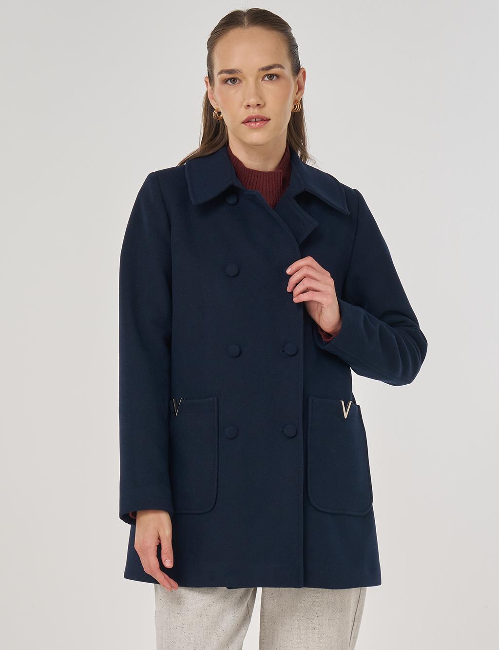 Metal Accessory Wool Blend Jacket Dark Navy