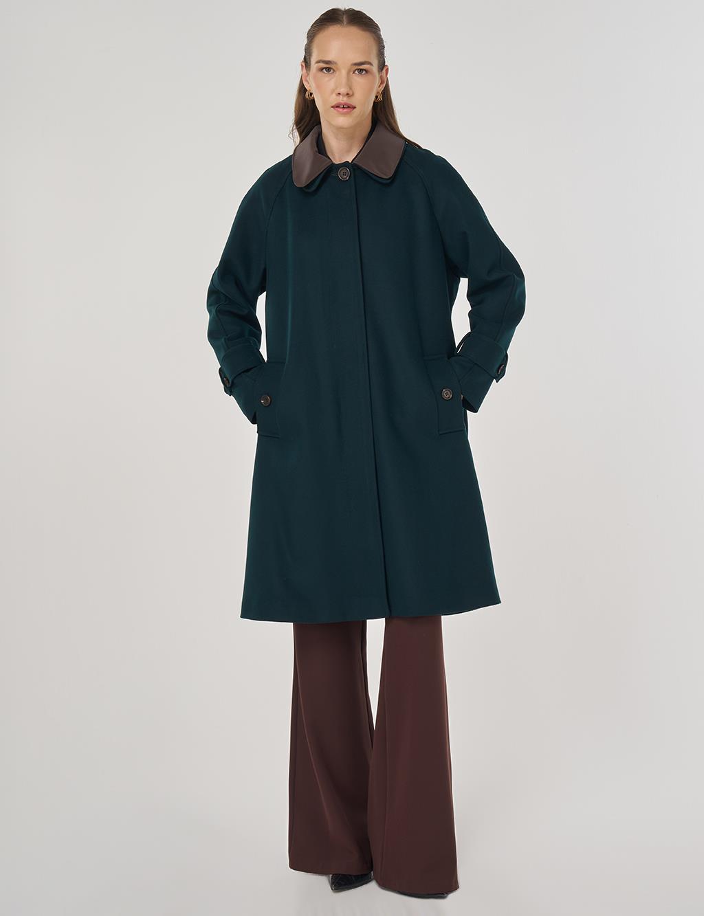 Leather Collared Wool Blend Coat Dark Green