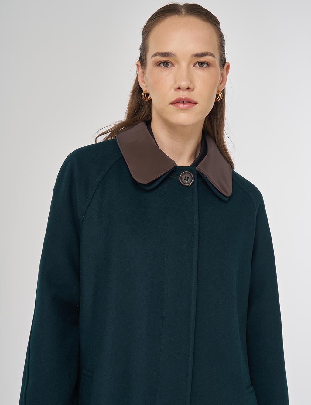 Leather Collared Wool Blend Coat Dark Green