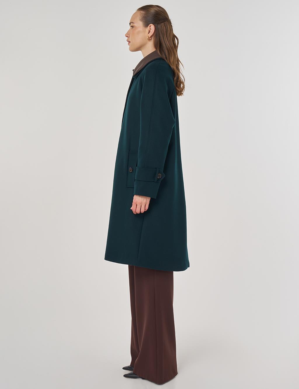Leather Collared Wool Blend Coat Dark Green