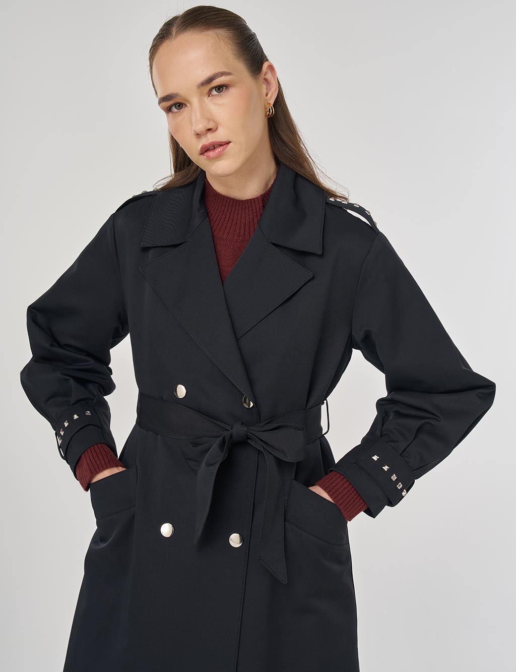 Trok Baskılı Trençkot Siyah