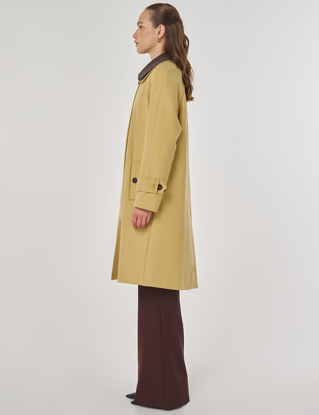 Deri Yakalı Kaşe Kaban Sarı 