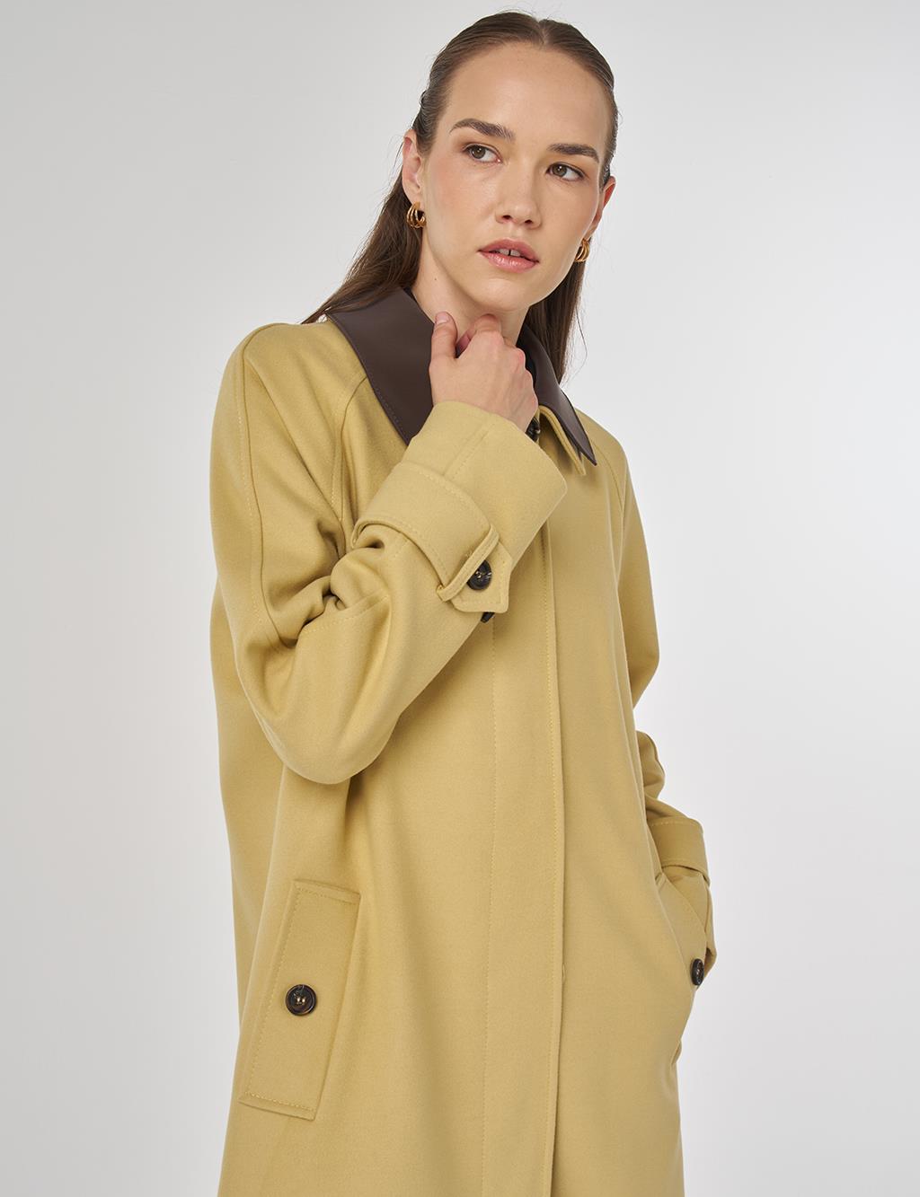 Deri Yakalı Kaşe Kaban Sarı 