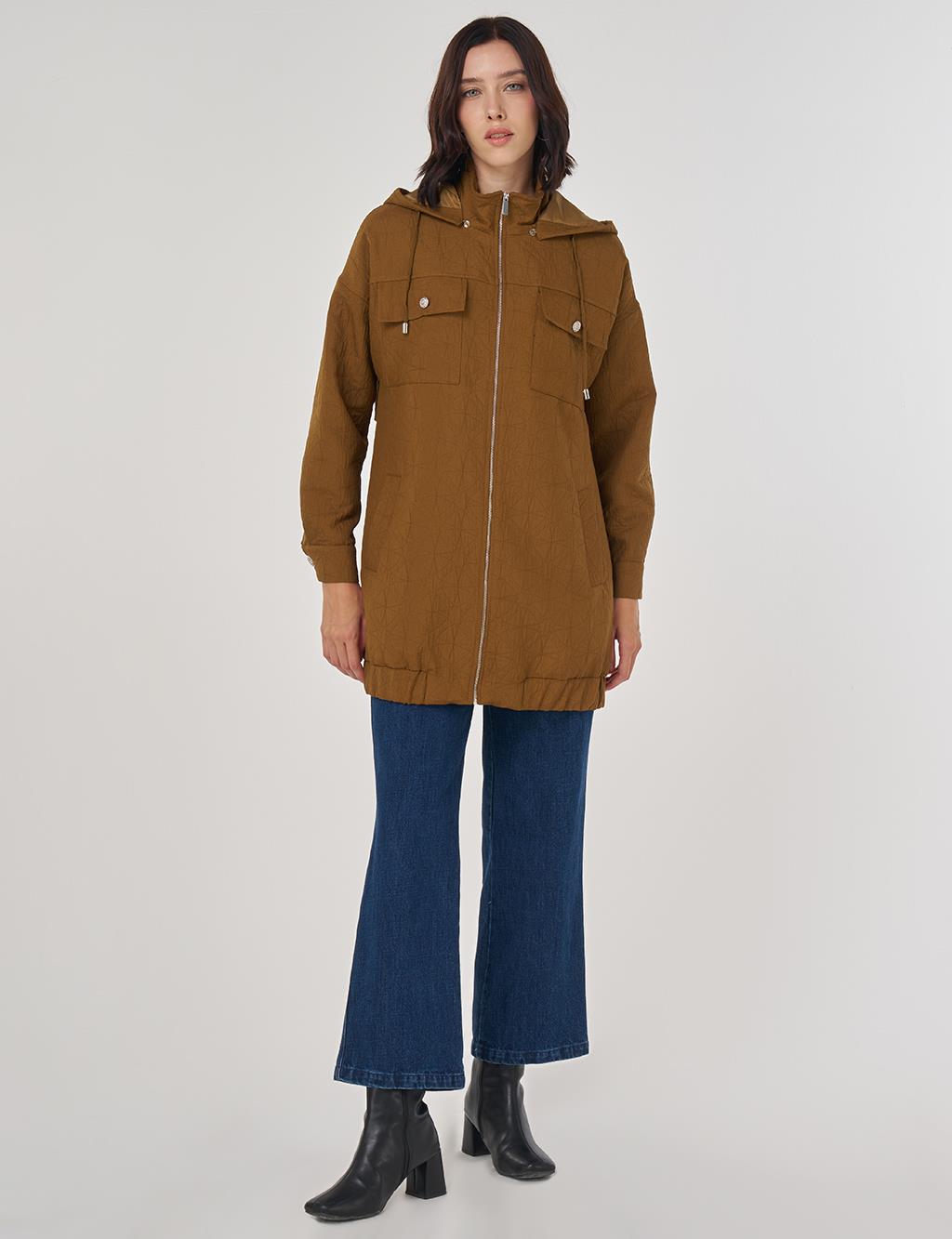 Shiny Button Quilted Overcoat Dark Olive