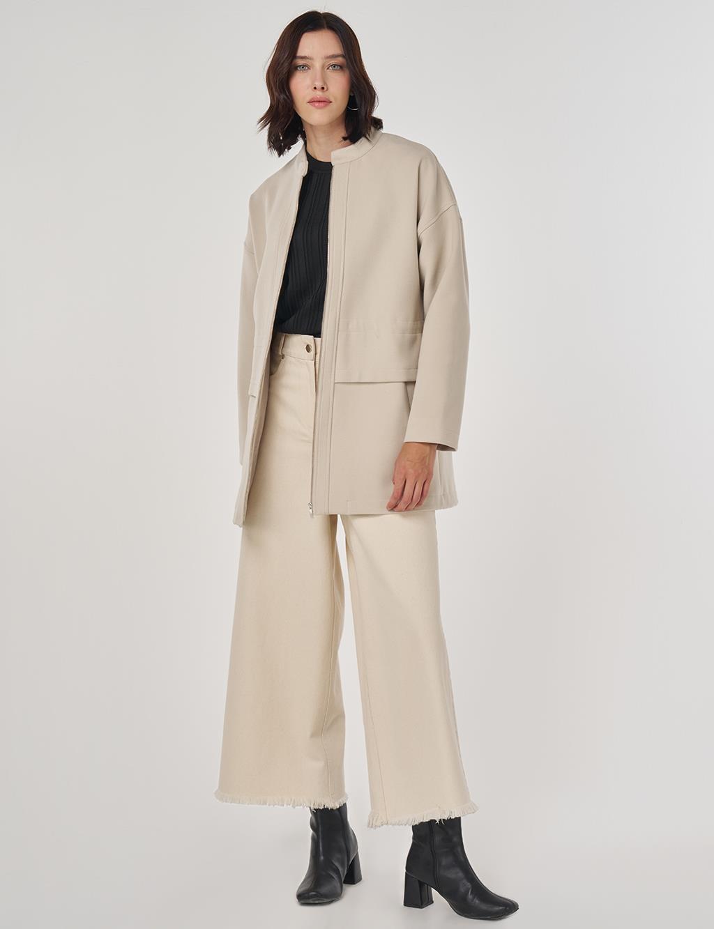 Zippered Wool Blend Jacket Stone