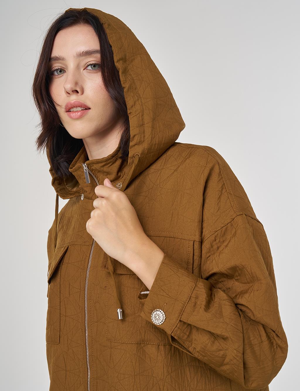 Shiny Button Quilted Overcoat Dark Olive