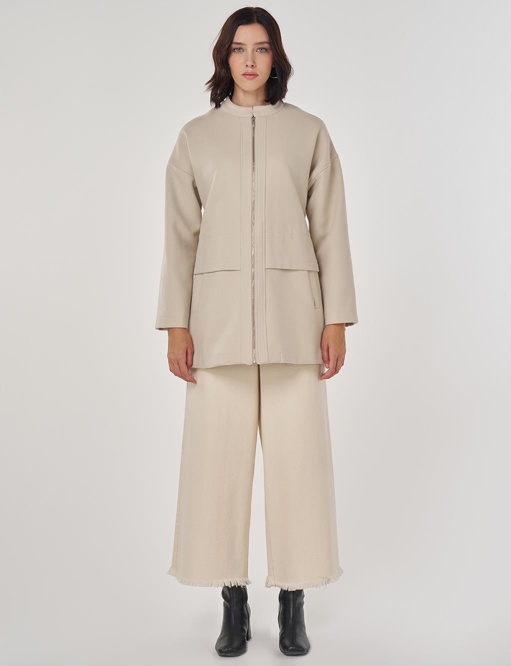 Zippered Wool Blend Jacket Stone