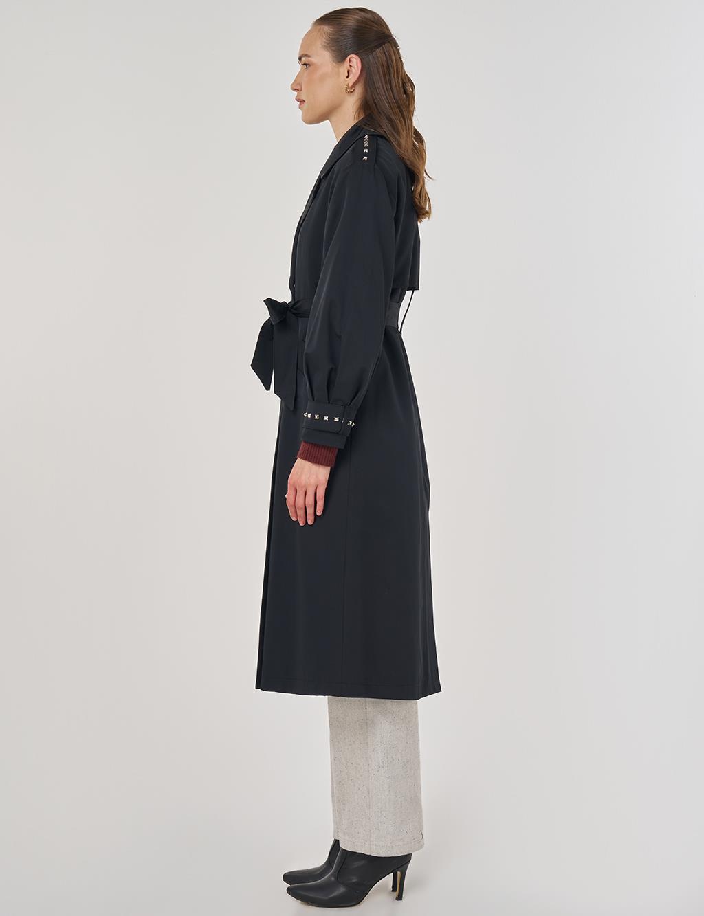 Trok Baskılı Trençkot Siyah