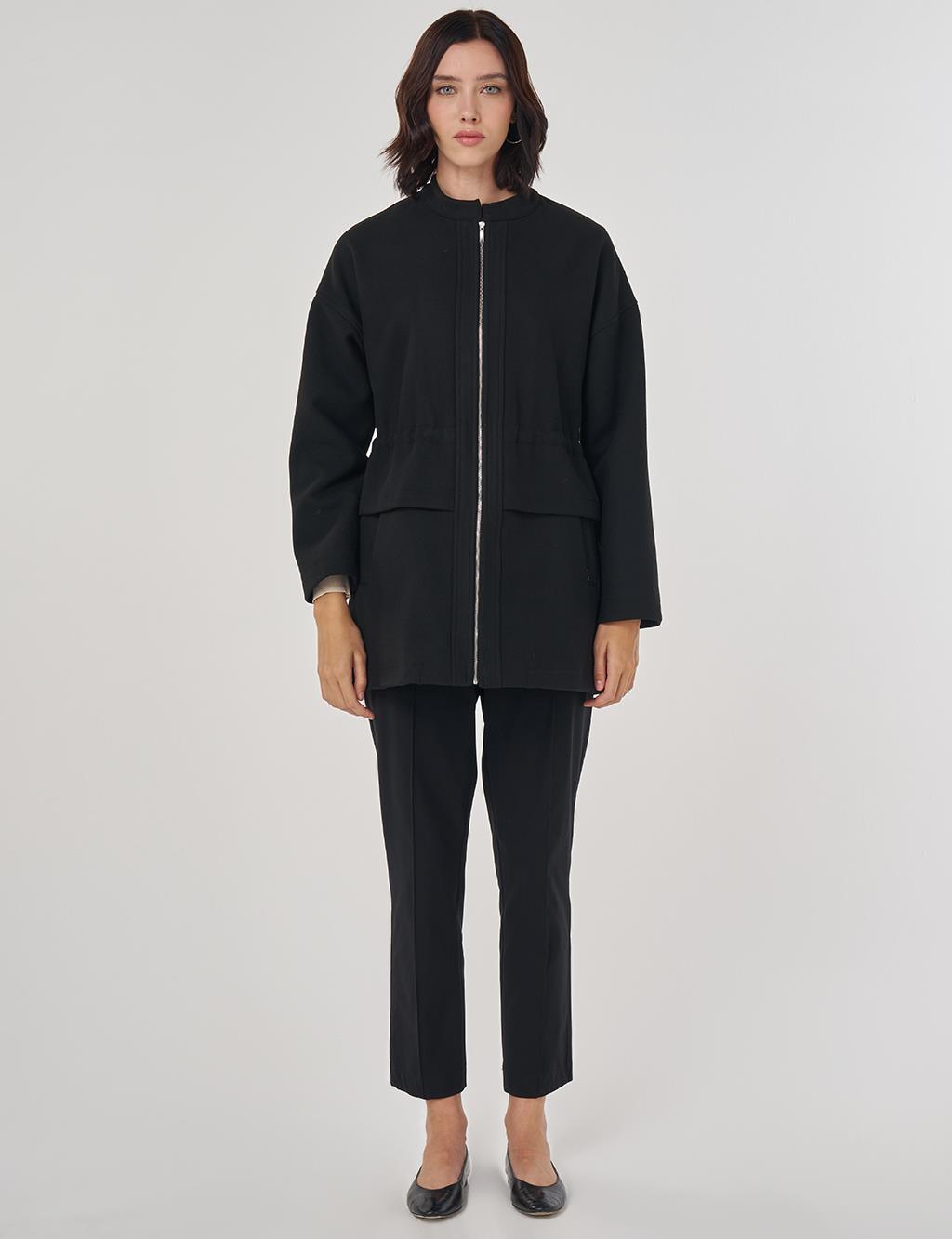 Fermuarlı Kaşe Ceket Siyah 