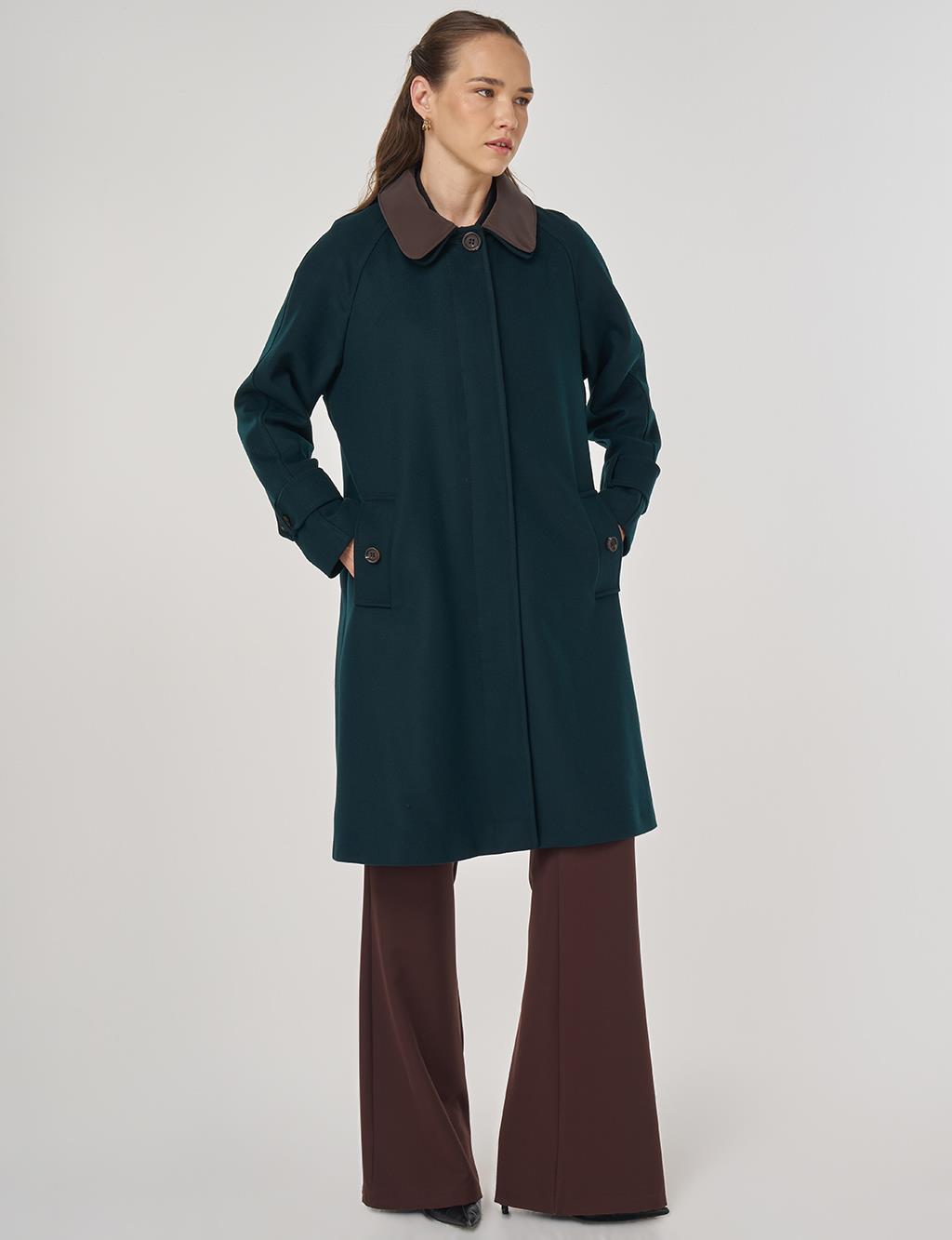 Leather Collared Wool Blend Coat Dark Green