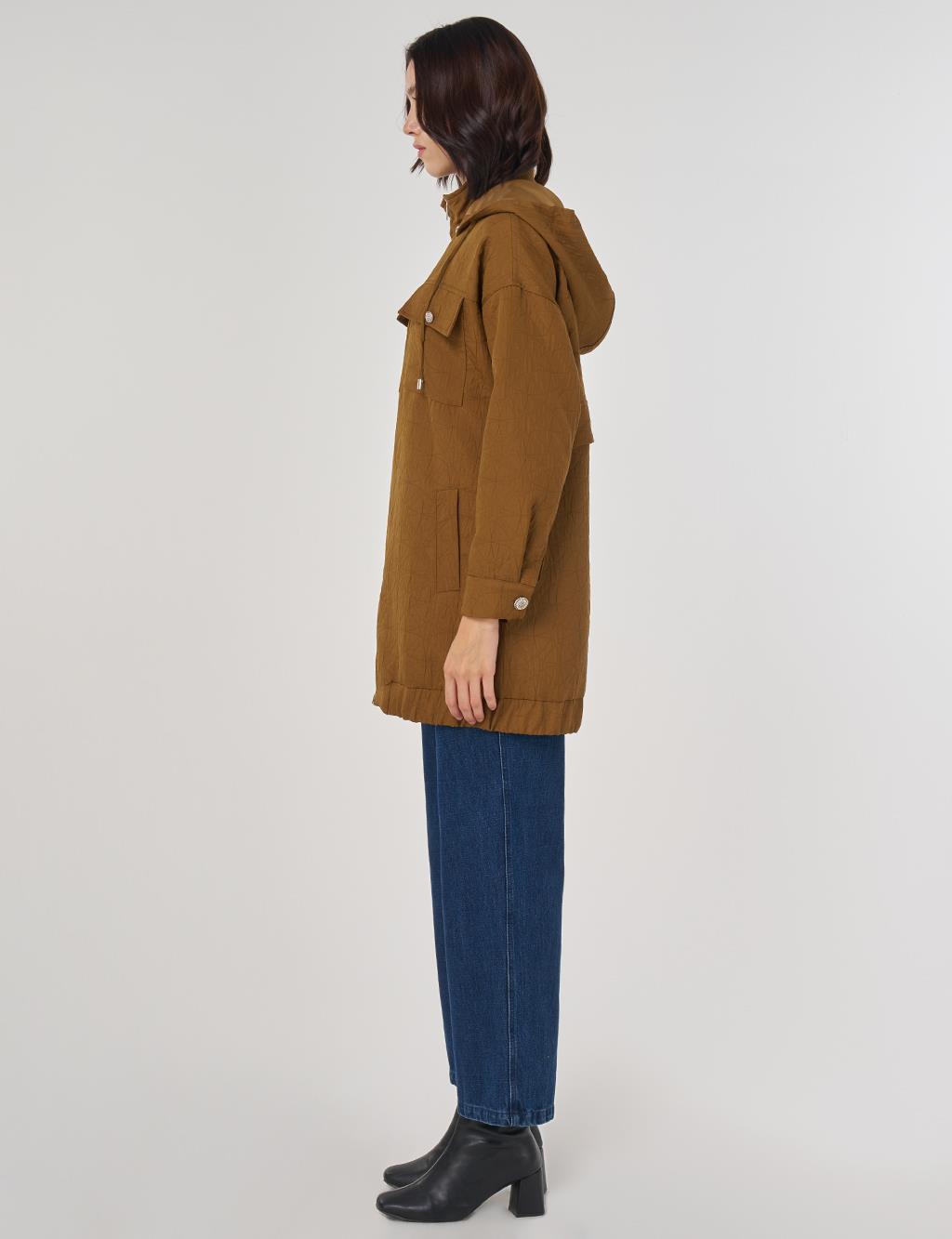 Shiny Button Quilted Overcoat Dark Olive