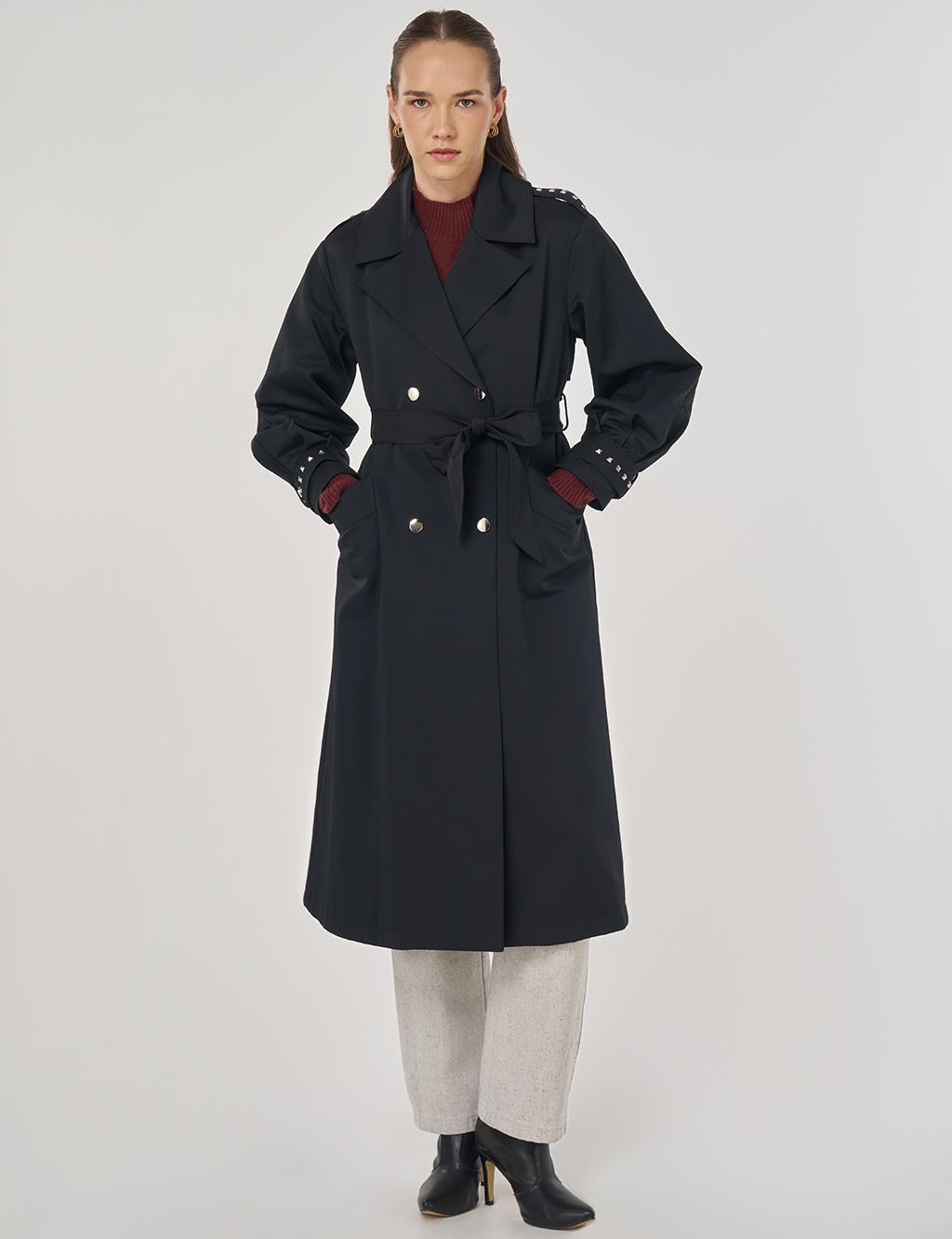 Trok Baskılı Trençkot Siyah