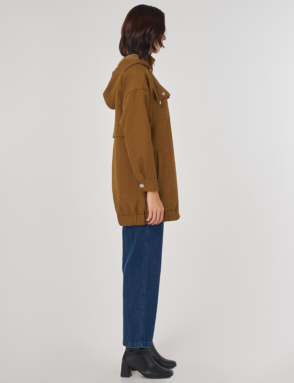 Shiny Button Quilted Overcoat Dark Olive