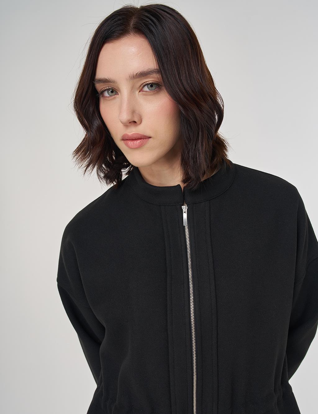 Fermuarlı Kaşe Ceket Siyah 