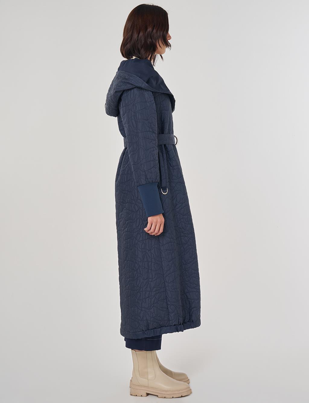 Embossed Pattern Hooded Throw-On Dark Navy