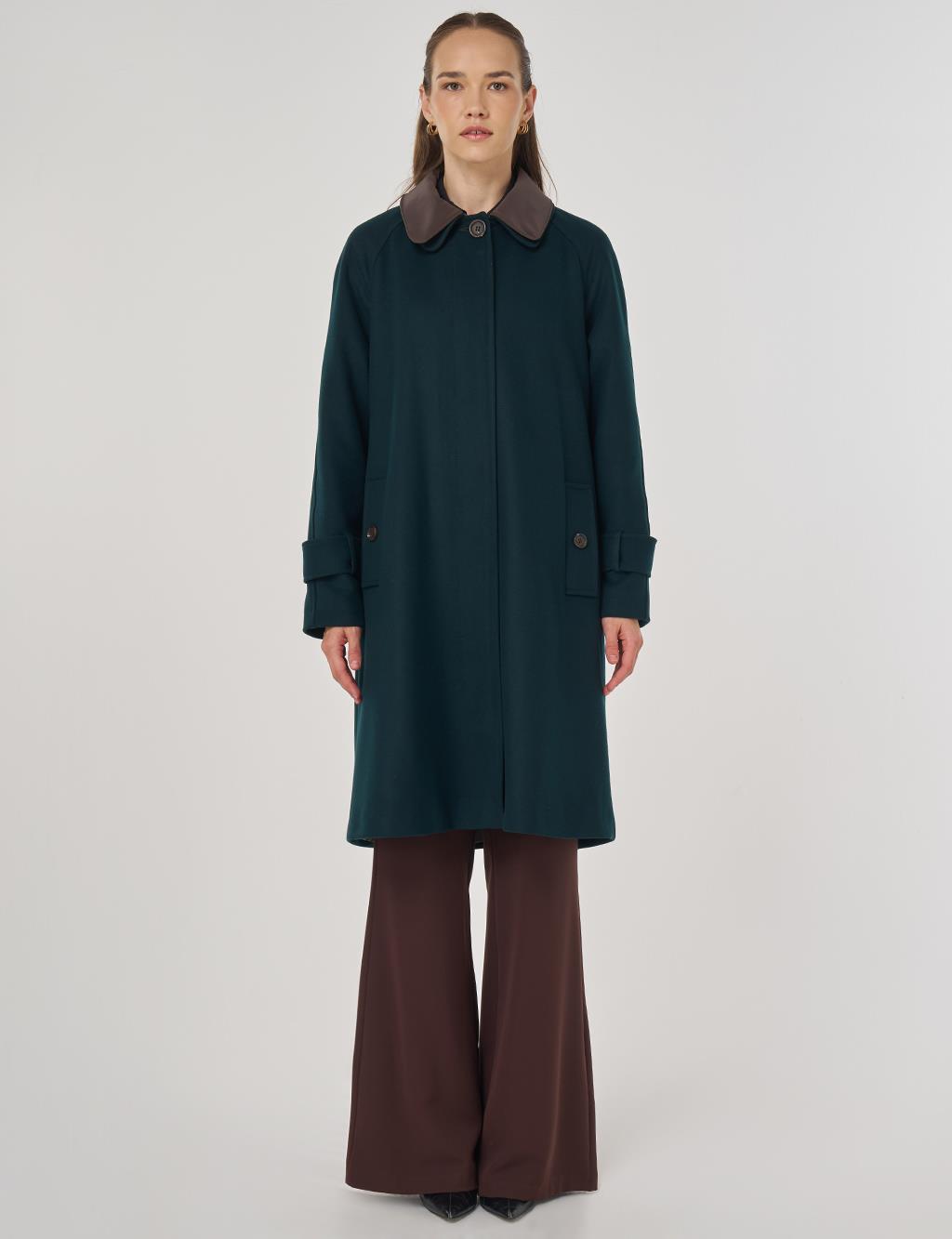 Leather Collared Wool Blend Coat Dark Green