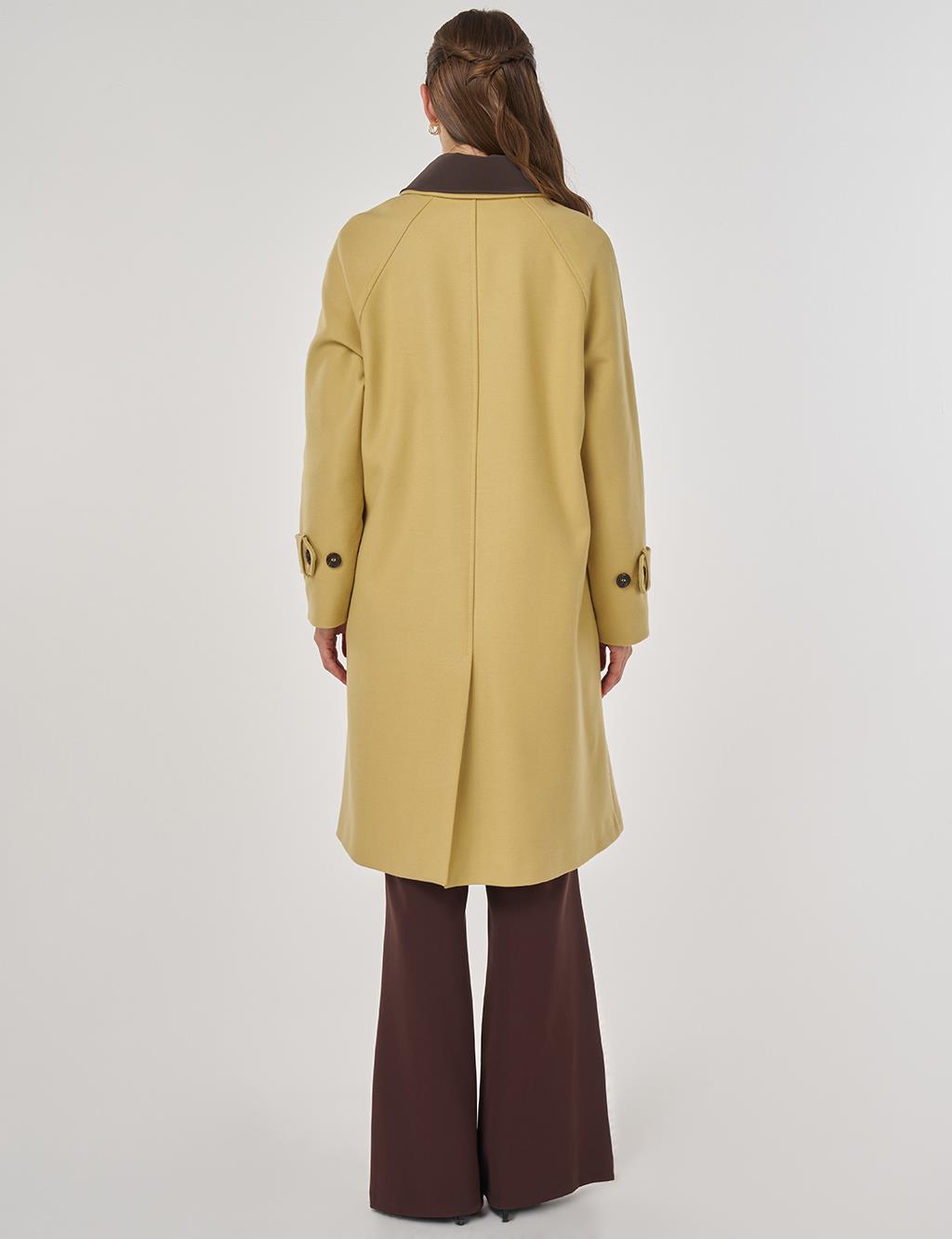 Deri Yakalı Kaşe Kaban Sarı 