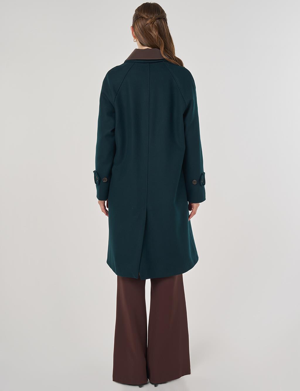 Leather Collared Wool Blend Coat Dark Green